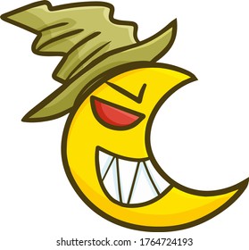 Funny and scary crescent moon wearing witch hat for halloween