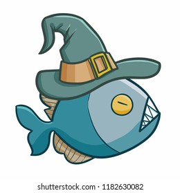 Funny and scary deep sea fish wearing witch hat for Halloween - vector.