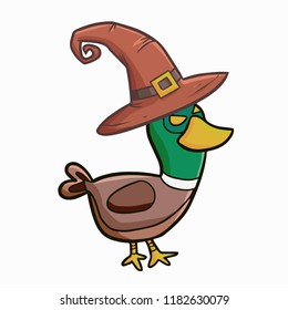 Funny and scary duck wearing witch hat for Halloween - vector.