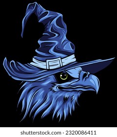 Funny and scary eagle wearing witch hat for Halloween on black background