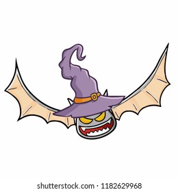Funny and scary flying bat wearing witch hat for Halloween - vector.
