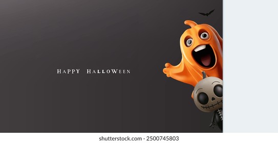 Funny, scary ghost and doll that hide and scare people by surprise, 3D. Banner for advertising concepts of Halloween celebration. Vector illustration.