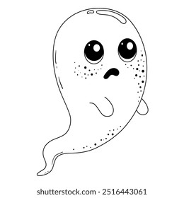 Divertido fantasma aterrador flotando en el aire y asustando a la gente. Personaje de libro espeluznante infantil para niños. Símbolo de la fiesta de Halloween. Silueta en el fondo blanco para el diseño, logotipo, emblema, pegatinas