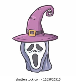 Funny and scary ghost mask wearing witch hat for Halloween - vector.