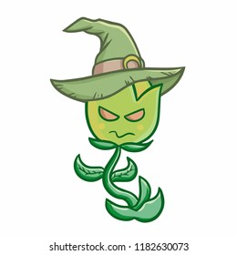 Funny and scary green flower wearing witch hat for Halloween - vector.