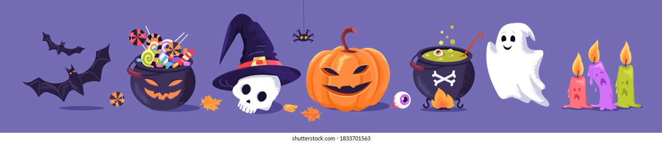 Funny and scary halloween cartoon characters vector illustration