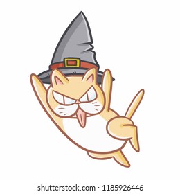 Funny and scary jumping cat wearing witch hat for Halloween - vector.