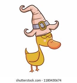 Funny and scary little duck wearing witch hat for Halloween - vector.