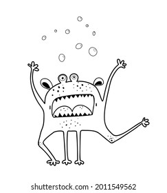 Funny scary monster screaming waving hand and shouting creature, adorable monochrome imaginarycharacter for kids activity coloring book. Black and white outline coloring page.