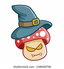 Funny and scary mushroon wearing witch hat for Halloween - vector.