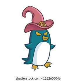 Funny and scary penguin wearing witch hat for Halloween - vector.