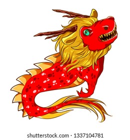 Funny and scary red dragon flying
