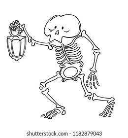 Funny scary skeleton with lantern. Halloween vector illustration. Cartoon character.
