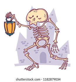 Funny scary skeleton with lantern on a castle background. Halloween vector illustration.