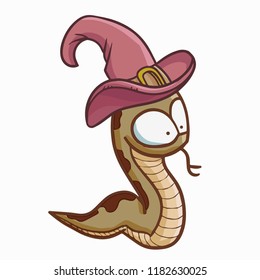 Funny and scary snake wearing witch hat for Halloween - vector.