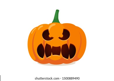 Funny scary spooky smile pumpkin jack o lantern with creepy tooths. Traditional decoration symbol of autumn happy halloween holiday celebration. Vector illustration isolated on white background