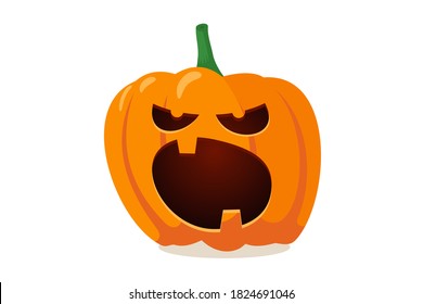 Funny scary spooky smile pumpkin jack o'lantern with creepy tooths. Traditional decoration symbol of autumn happy halloween holiday celebration. Vector eps horror isolated illustration