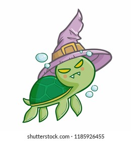 Funny and scary swimming turtle wearing witch hat for Halloween - vector.