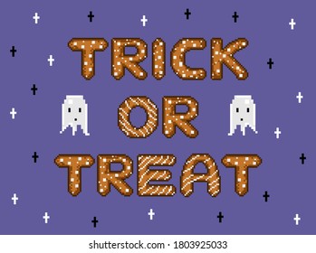 Funny scary words "Trick or Treat," written by a delicious crispy biscuits. Old pixel art for T-shirts, stickers, video games, posters. Cute ghost and crosses for a festive Halloween party.