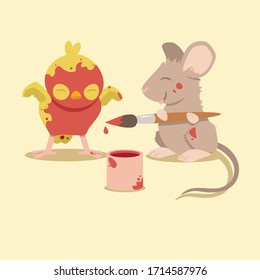 A funny sceen of mouse colouring a chisk into an Easter egg. Pastel colours are used