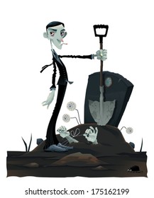 Funny scene in the cemetery. Cartoon and vector isolated illustration