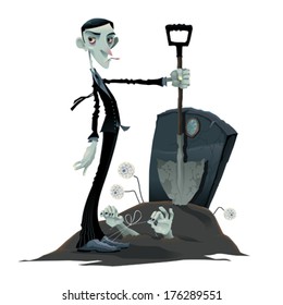 Funny scene in the cemetery. Cartoon and vector isolated illustration.