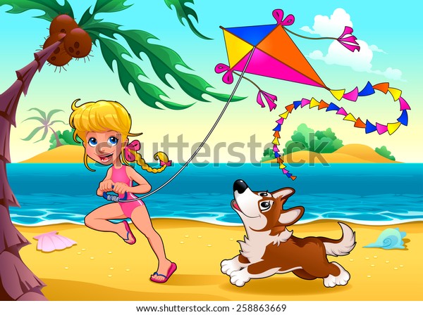 女の子と犬を連れたおかしなシーンがビーチで ベクターカートーンイラスト のベクター画像素材 ロイヤリティフリー
