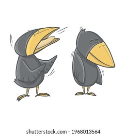 A funny scene from the life of crows. Humor, caricature of people with different characters. Vector illustration for design or textile print