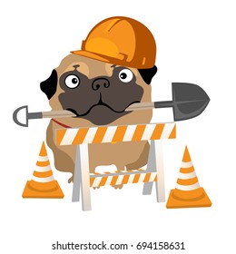 Funny scene from the life of funny pets dog breed pug in costume of road workers and pavers isolated on white background. Vector cartoon close-up illustration.