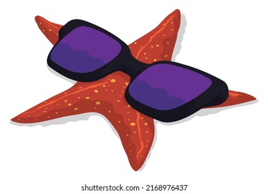 Funny scene of red and spotted starfish wearing giant sunglasses. Design in cartoon style isolated over white background.
