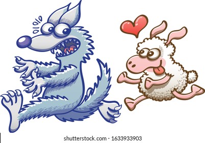 Funny scene showing a mischievous ewe in love running after a terrified wolf. The sheep is sticking its tongue out and showing a red heart. The wolf looks surprised and scared while trying to escape