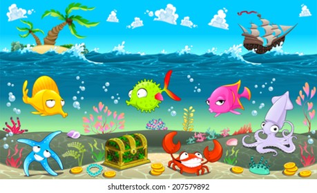 Funny scene under the sea. Vector cartoon illustration