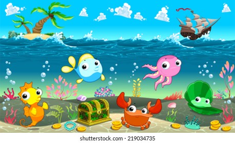 Funny scene under the sea. Vector cartoon illustration