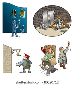 Funny scenes of Middle Ages: serenade of minstrel, castle siege, shoe craftsman and repairs in king's hall, vector illustration