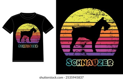 Divertido Schnauzer Retro Antiguas Sunset Plantilla de diseño de camiseta, Schnauzer Tablero, etiqueta engomada de la ventana del coche, POD, cubierta, fondo blanco aislado, regalo de la silueta para el amante de Schnauzer