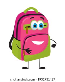 Funny School Bag with eyes on white background, flat design vector illustration