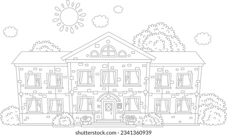Funny school building surrounded by bushes and trees on a sunny day, black and white vector cartoon for a coloring book page