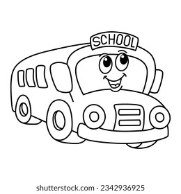 Graciosa ilustración vectorial de personajes de dibujos animados en bus escolar. Para los niños coloreando el libro.