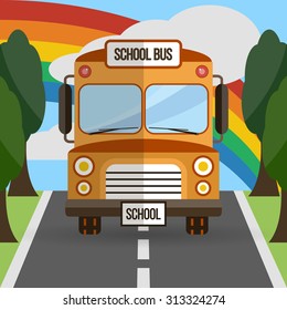 Funny school bus driving along the road. EPS.10 vector illustration.