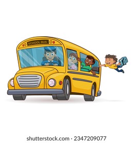 Funny school bus. Kids riding on school bus. vector illustration