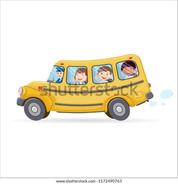Funny school bus.\
Kids riding on school\
bus.