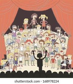 Funny school choir singing hand drawn illustration with group of teenagers. Illustration is in eps10 vector mode, elements are isolated in a group.