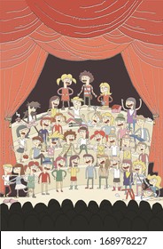 Funny school choir singing poster hand drawn illustration with group of teenagers. Illustration is in eps10 vector mode, elements are isolated in a group.