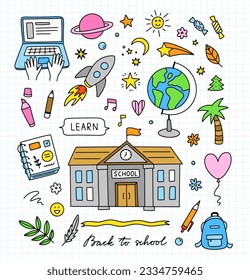 Funny school illustrations. Cute school clipart. Back to school hand drawn set