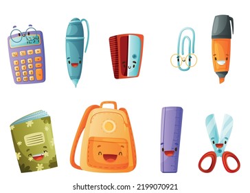 Funny School Items with Smiling Faces as Cartoon Education Supply Vector Set