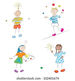 funny school kids doodles, boys and girls student profile characters