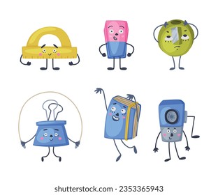 Funny School and Office Supply Humanized Character Vector Illustration Set