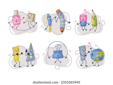 Divertido conjunto de ilustraciones de vectores de caracteres humanizados en escuelas y oficinas