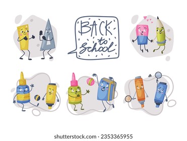 Funny School and Office Supply Humanized Character Vector Illustration Set
