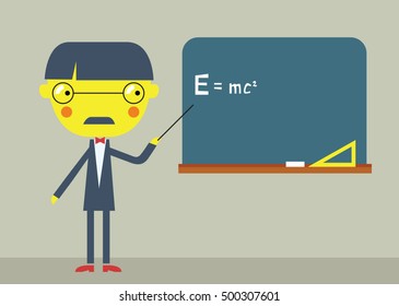 Funny school physics teacher shows of formula on blackboard. Flat design. Vector illustration.